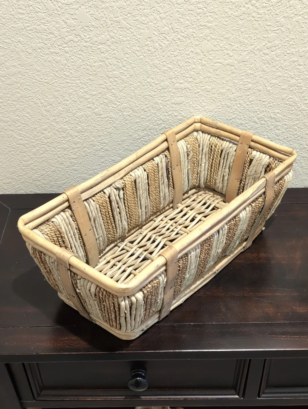 Vintage Mid-Century Handwoven Rectangular Basket - French Style - Bamboo Rattan